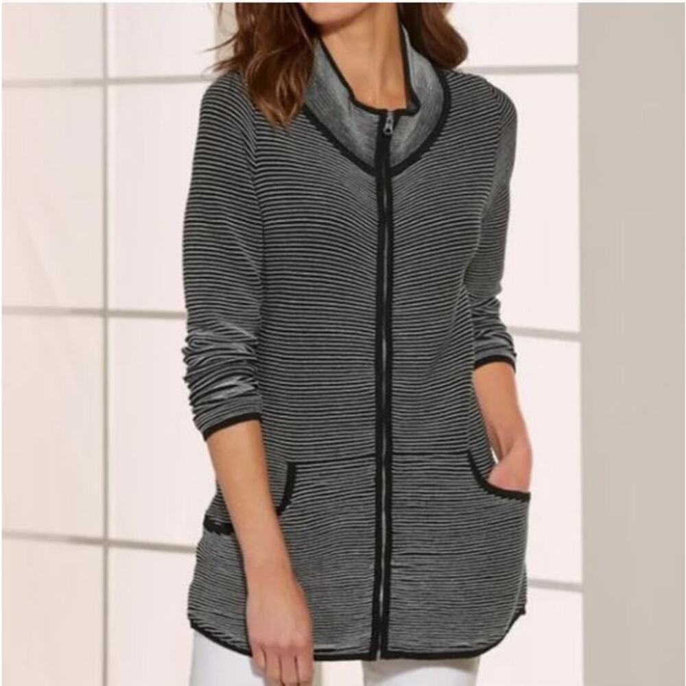 Soft Surroundings Jacket Women's Size Large Full Zip Ribbed Zip up Black White